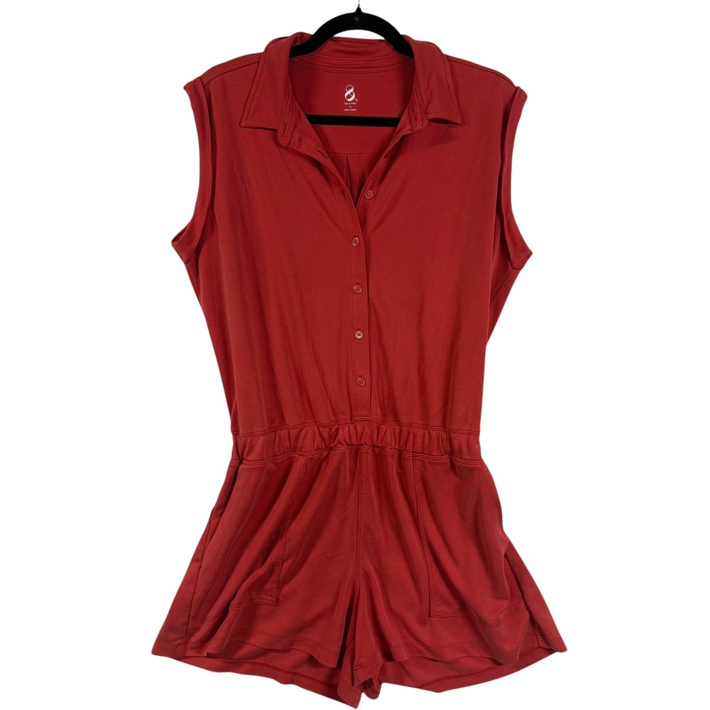 Lou & Grey M Sleeveless Button Front Knit Romper Red Elastic Waist Athleisure
